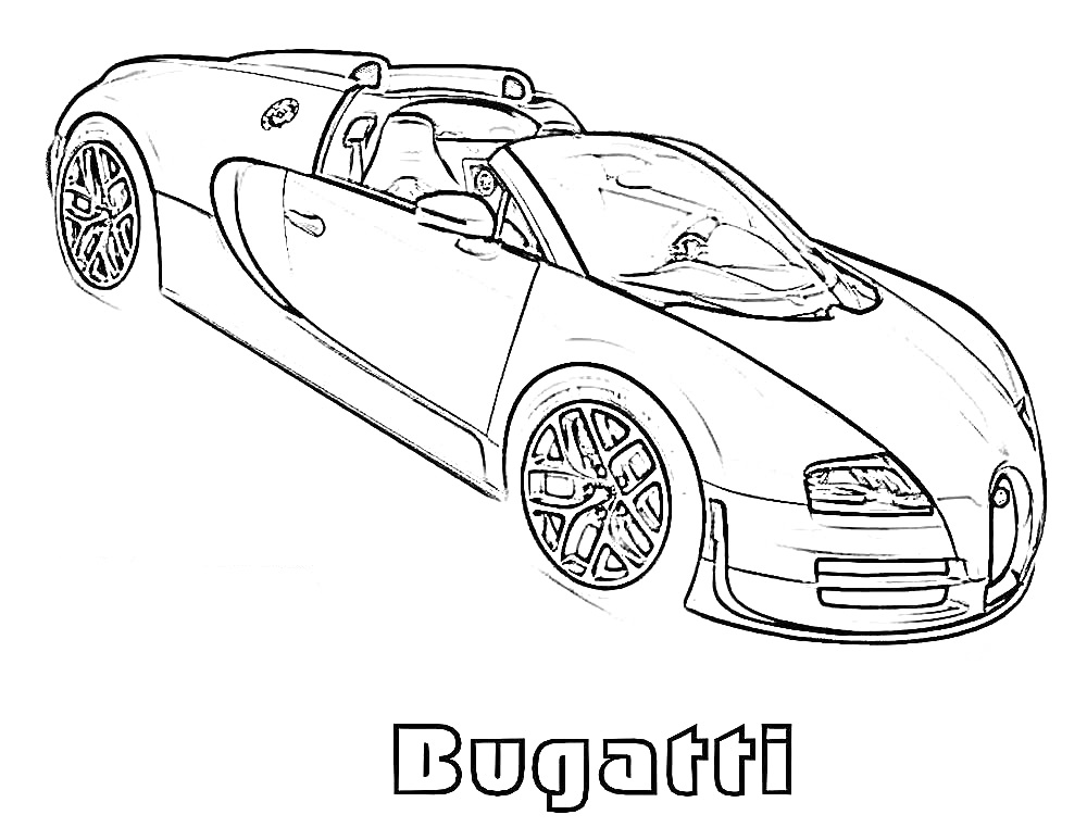 Раскраска Bugatti с открытым верхом, колеса со спицами, передняя часть автомобиля, сиденье водителя