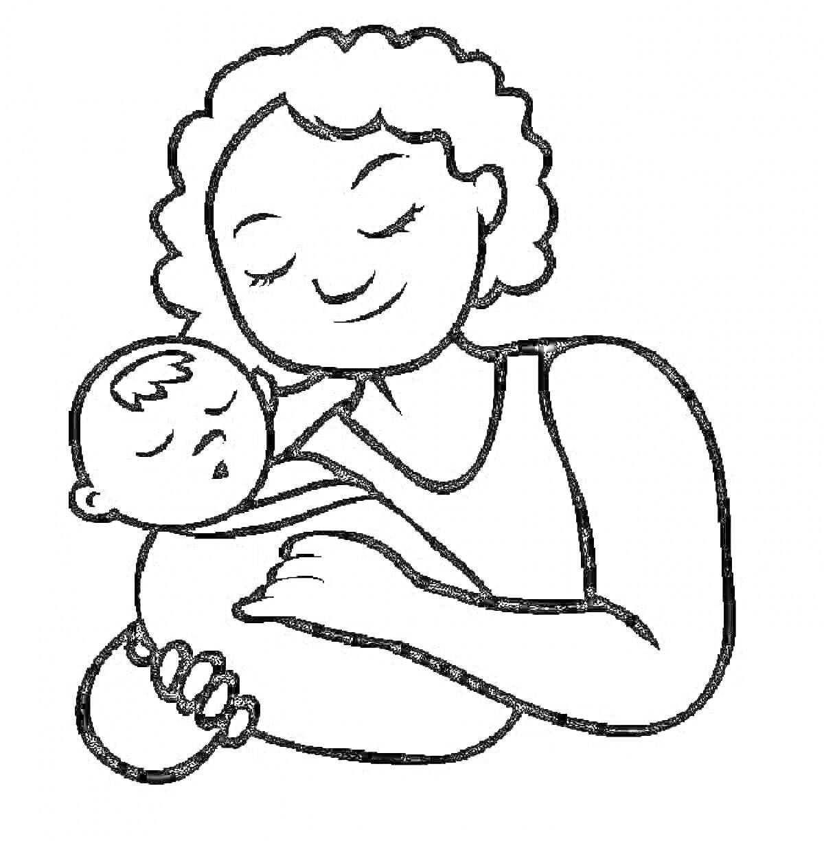 Раскраска Мама с ребенком на руках, черно-белый рисунок, раскраска