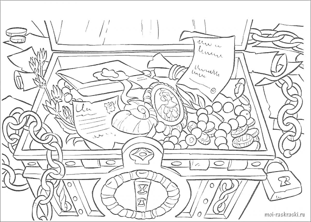Раскраска Сундук с монетами, мешочками, свитками, драгоценностями и цепями