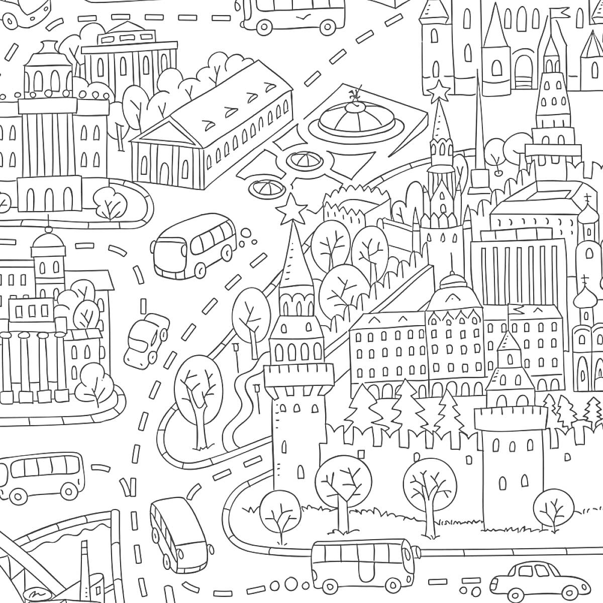 Раскраска Вид на Москву с Кремлем, Собором Василия Блаженного, автобусами, машинами, деревьями и фонтаном