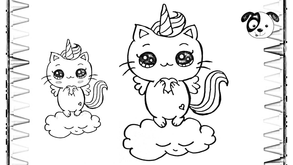 Раскраска две кошки-единороги на облаках, рамка из карандашей, морда панды