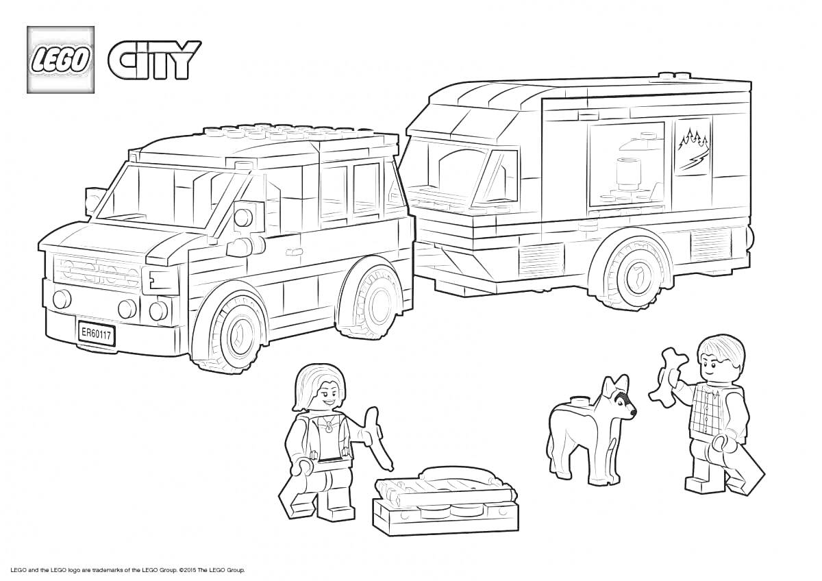 На раскраске изображено: Внедорожник, Лего, Lego city, Человек, Собака, Транспорт