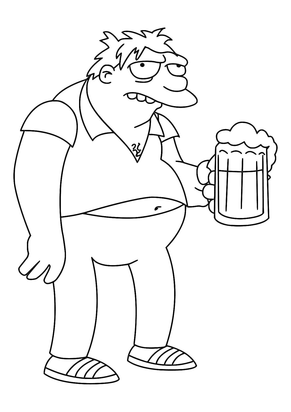 На раскраске изображено: Мужчина, Пиво, Из мультфильмов, Кружки, Питьё