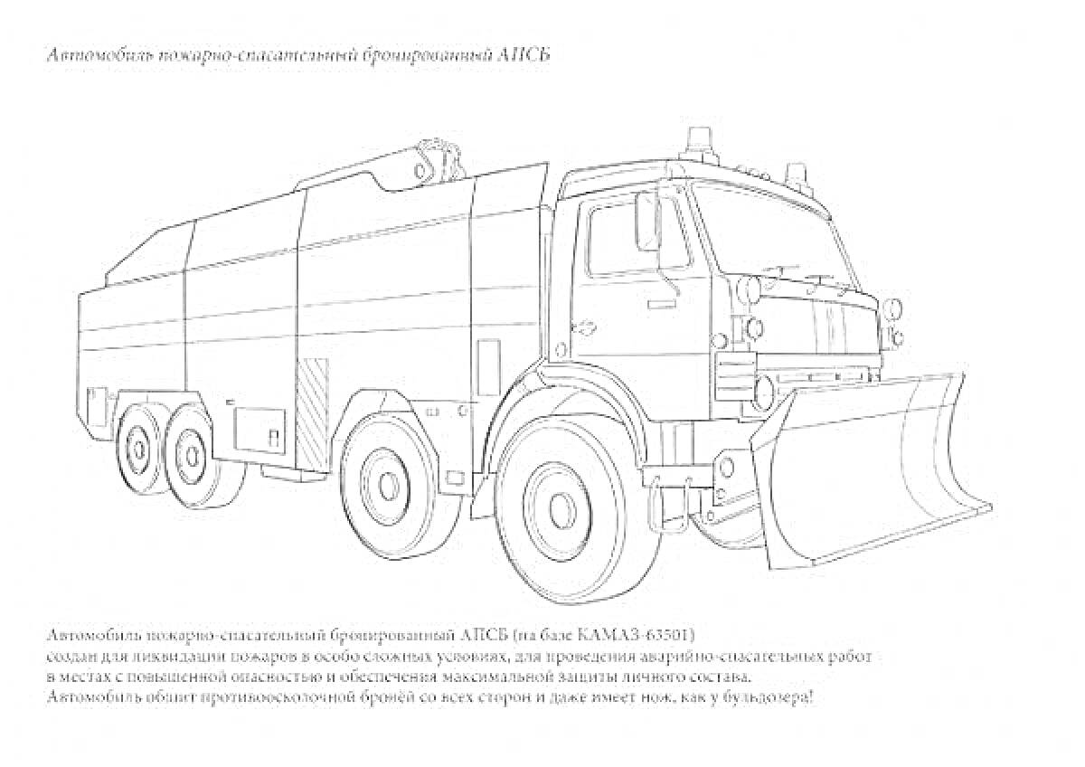 Раскраска Автомобиль насосно-спенглерный фронированный АЛНС25 со снежным отвалом, номерные знаки, проблесковый маячок, решётка радиатора, боковые зеркала, колёса