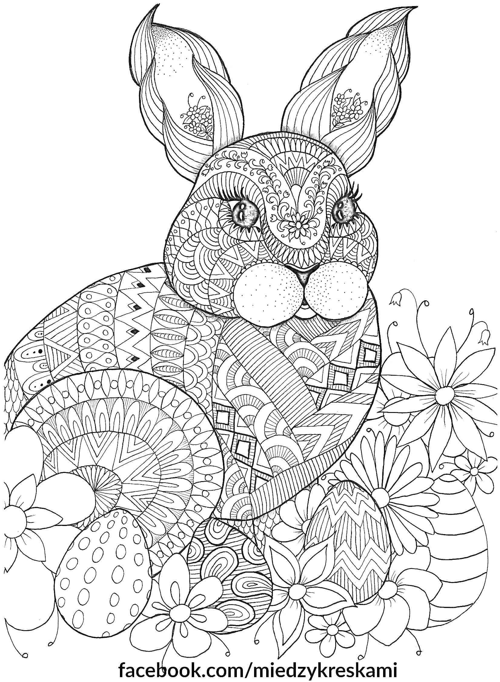 Раскраска Кролик с декоративными узорами и цветами