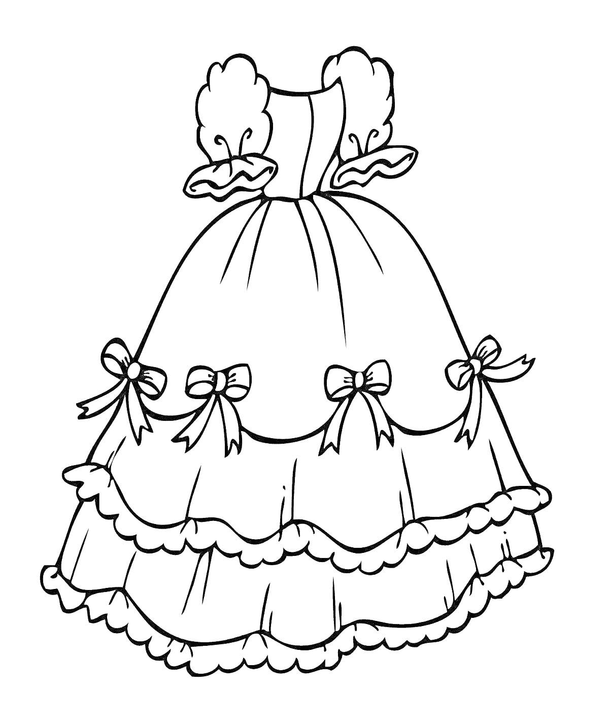 На раскраске изображено: Платье, Рукава-фонарики, Оборки, Нарядное платье, Одежда