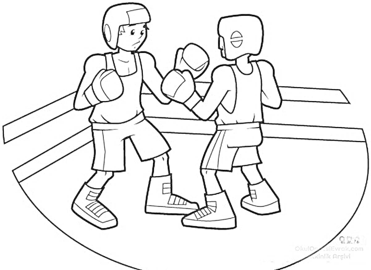 На раскраске изображено: Бокс, Ринг, Защита, Спорт, Перчатки, Бой, Спортзал, Боксер, Шлемы