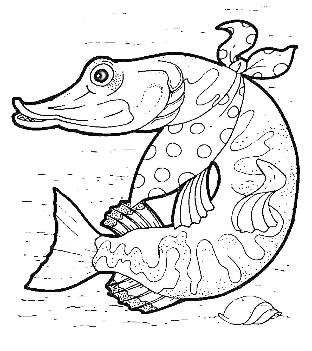 На раскраске изображено: Щука, Рыба, Платок, Гребешок, Ракушка, Вода, Подводный мир