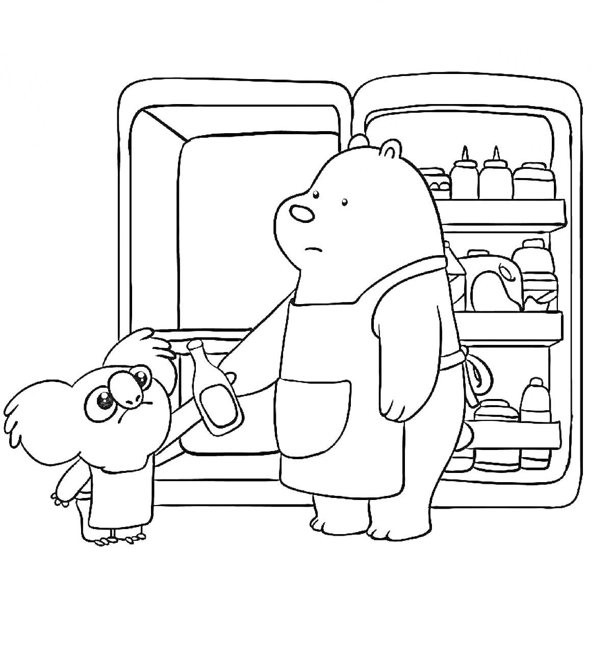 На раскраске изображено: Медведь, Совенок, Холодильник, Продукты, Бутылка, Игрушки, Кухня