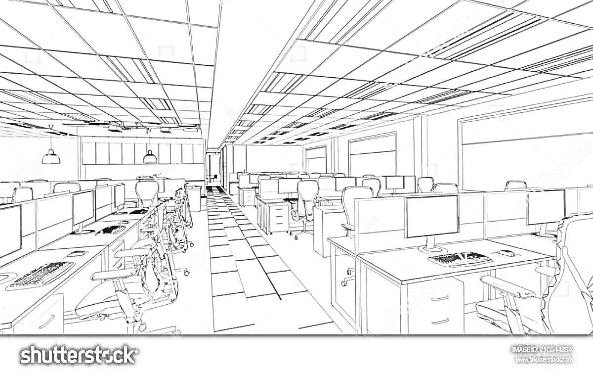 Раскраска Современная классная комната с компьютерами и эргономичными стульями, расположенными в несколько рядов, с подвесными светильниками и полками для хранения вещей