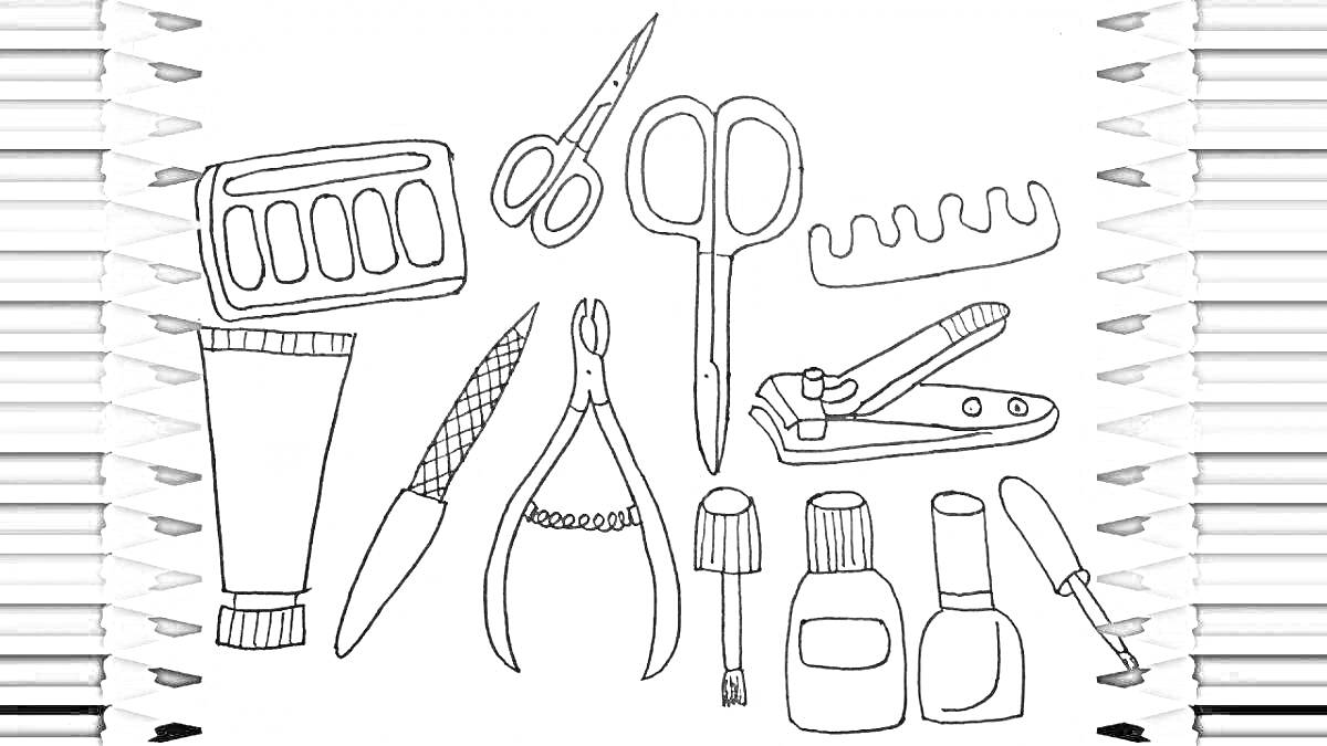 Раскраска Маникюрный набор: пилочка для ногтей, ножницы, щипчики для кутикулы, лак для ногтей, щипцы для ногтей, гребешок, тюбик с кремом, кисточка, емкость с лаком