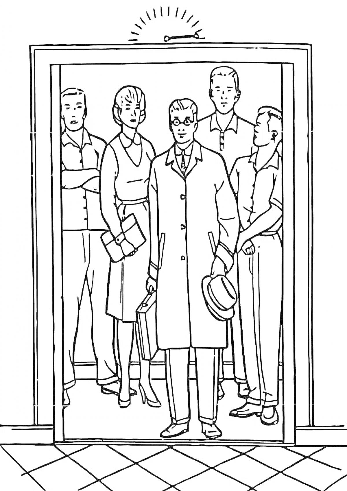 На раскраске изображено: Лифт, Пассажиры, Помещение, Одежда, Женщина, Шляпа, Плитка, Открытая дверь