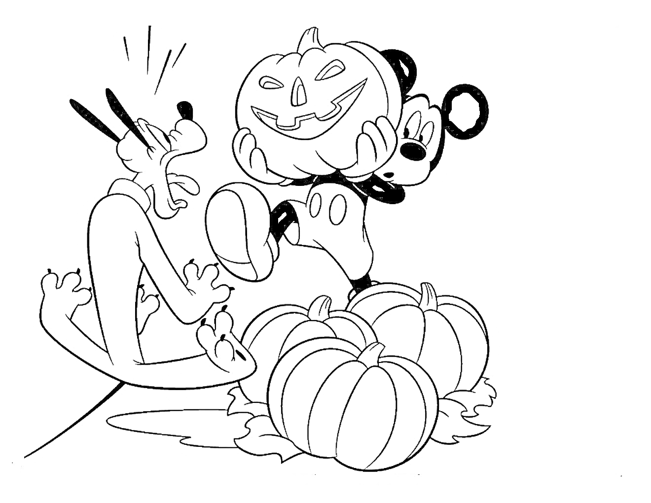 Раскраска Персонажи в костюмах на Хэллоуин с тыквами