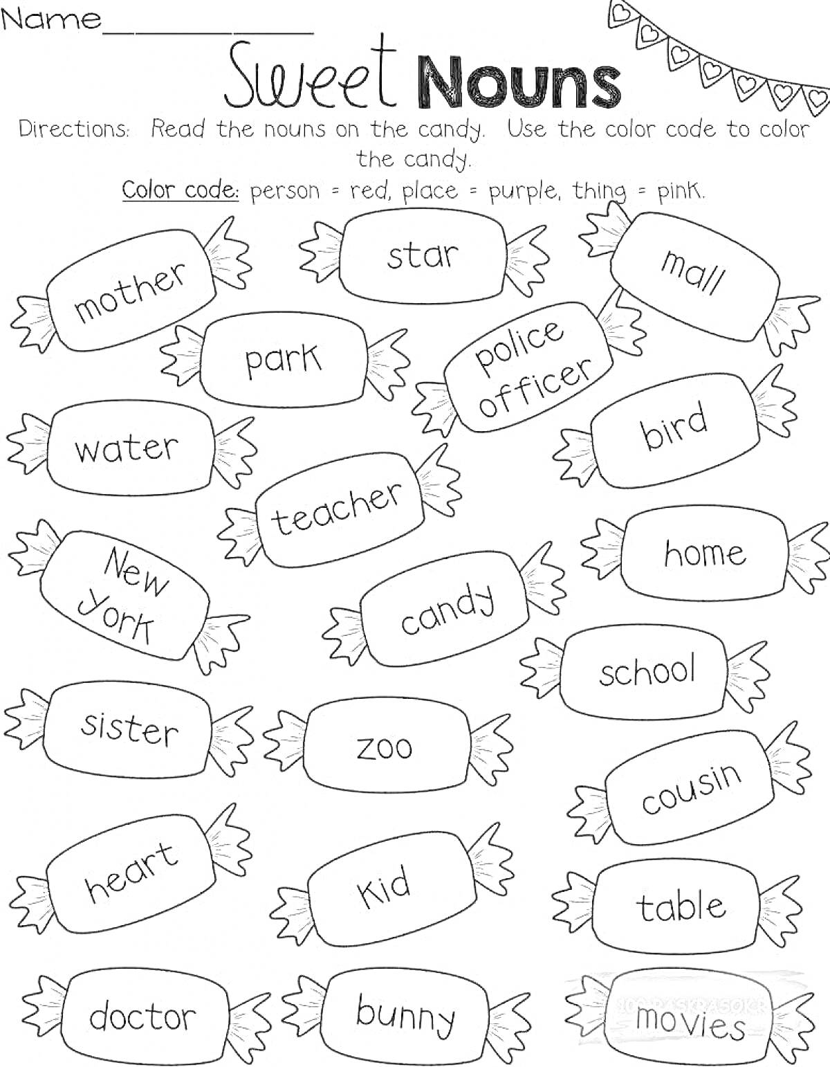 Раскраска Sweet Nouns (Activities: Coloring based on noun categories for second grade)