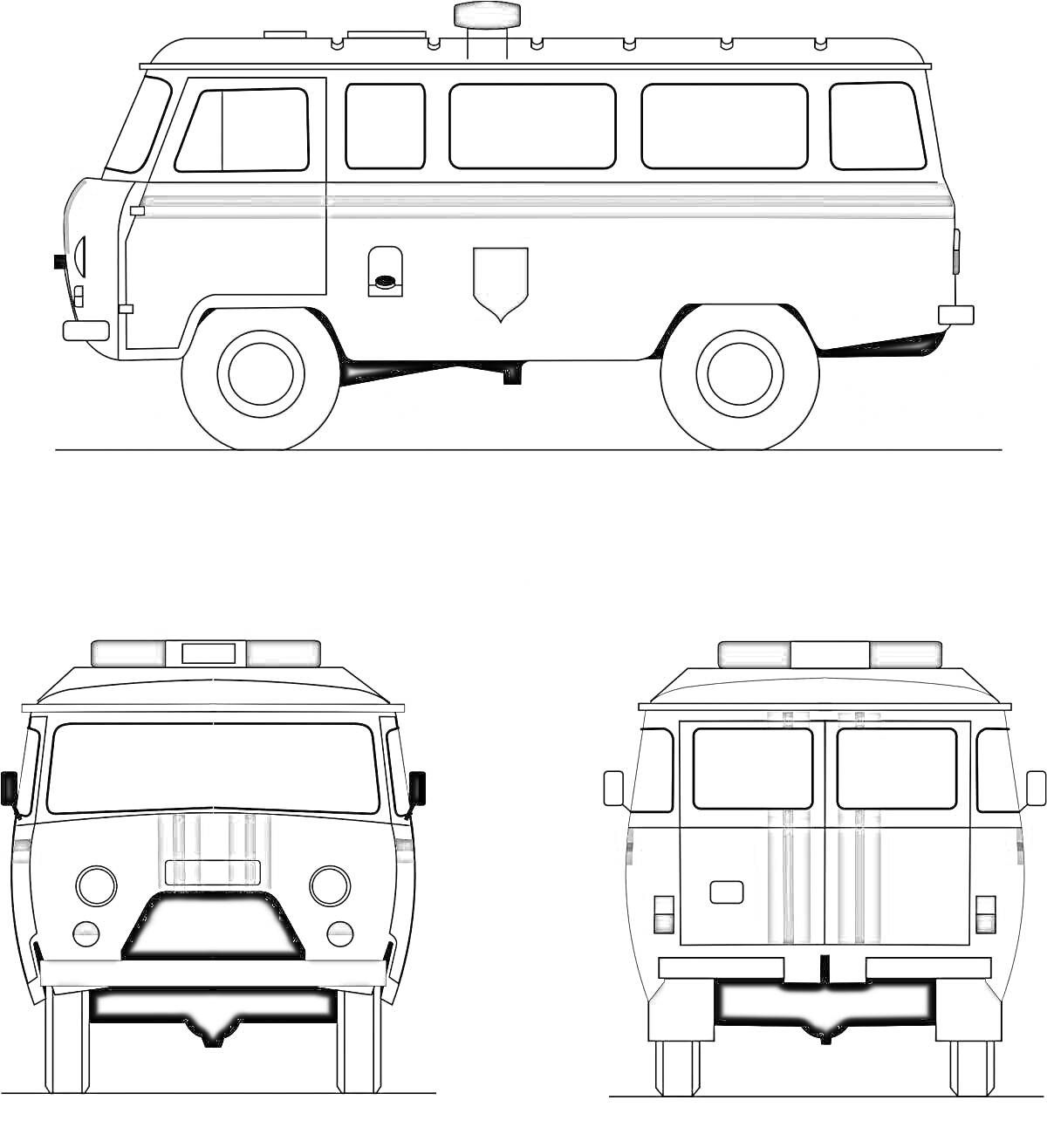 На раскраске изображено: Микроавтобус, УАЗ, Транспорт, Схема