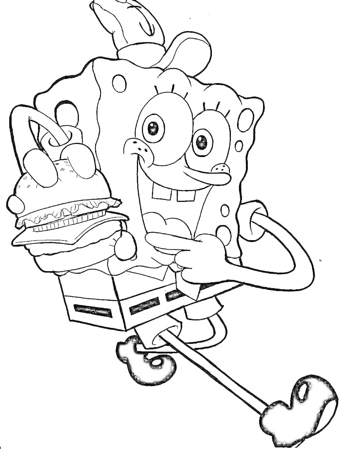 Раскраска Губка Боб несёт бургер, радостное выражение лица, поднятая нога