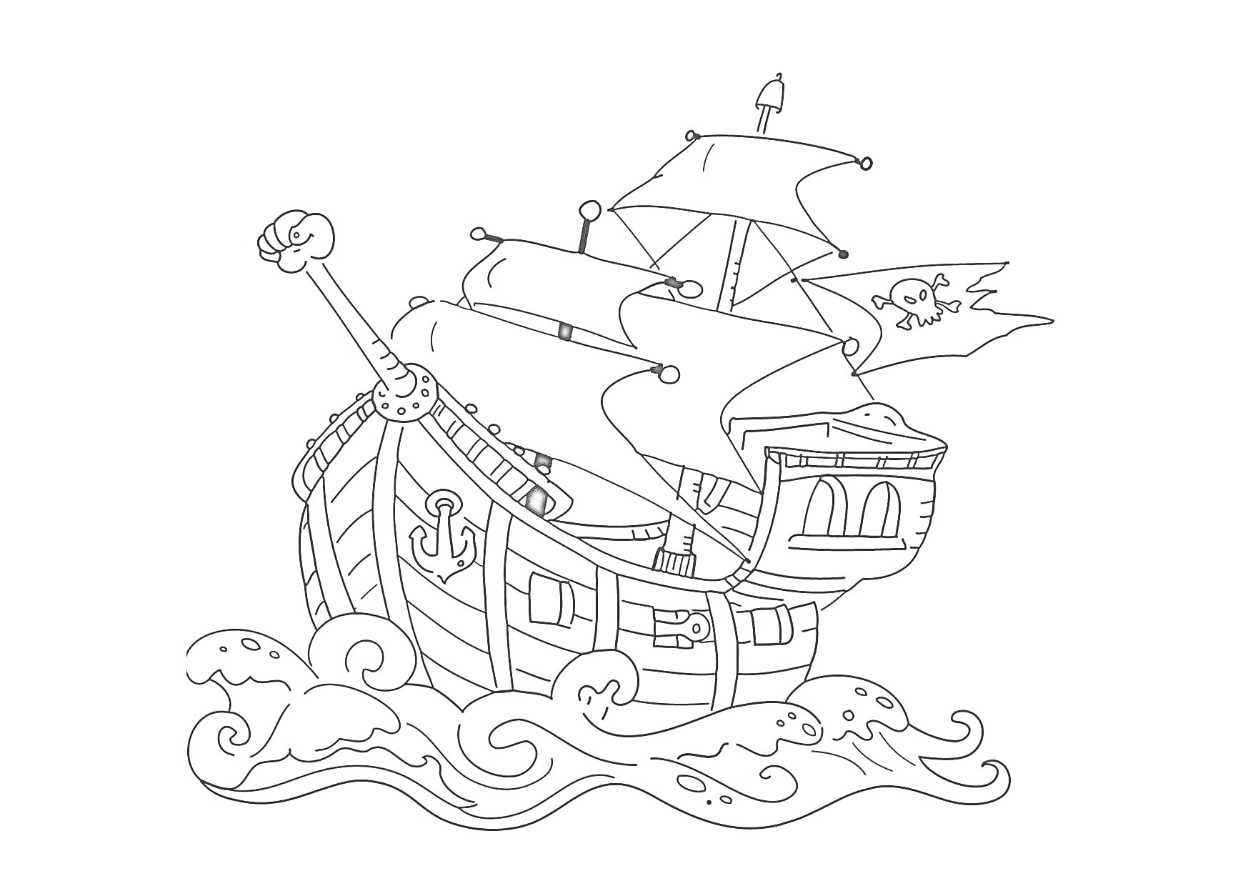 На раскраске изображено: Корабль, Волны, Море, Птица, Мачта