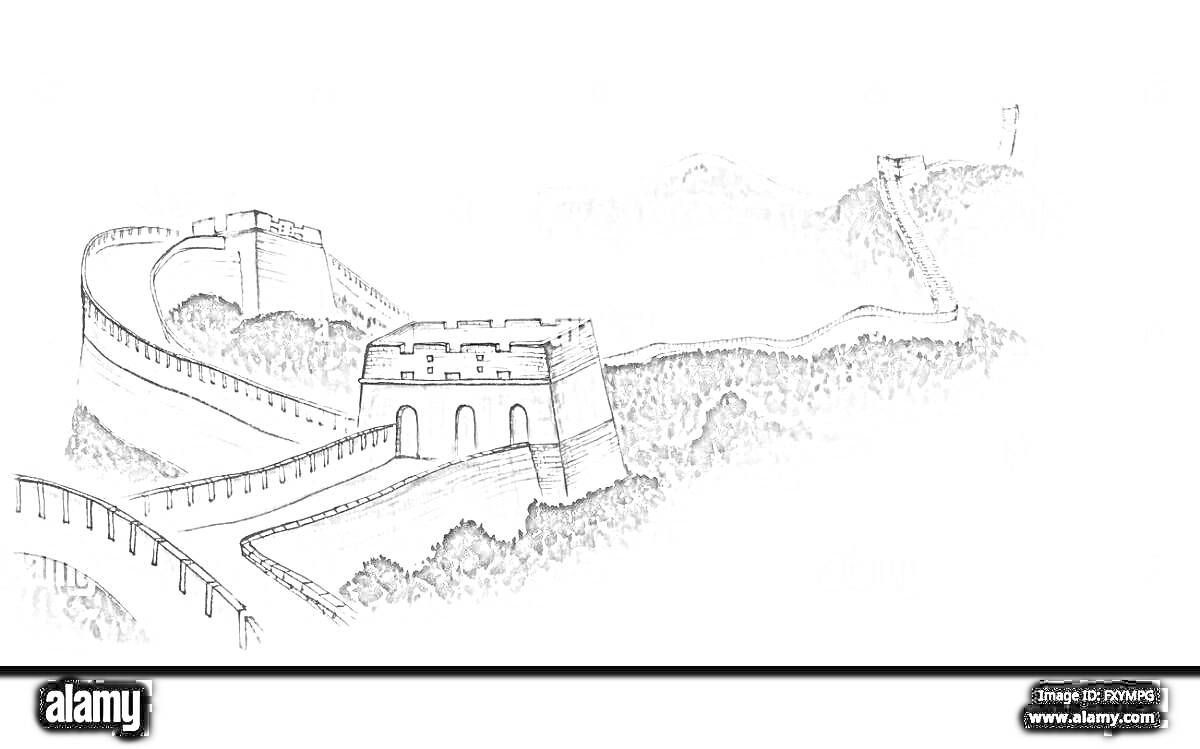 Раскраска Великая Китайская стена с башнями, протяженными дорожками и горным фоном