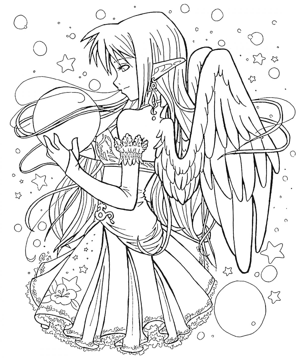 Раскраска Девушка с крыльями и длинными волосами, держащая планету, в фоне звезды и круги