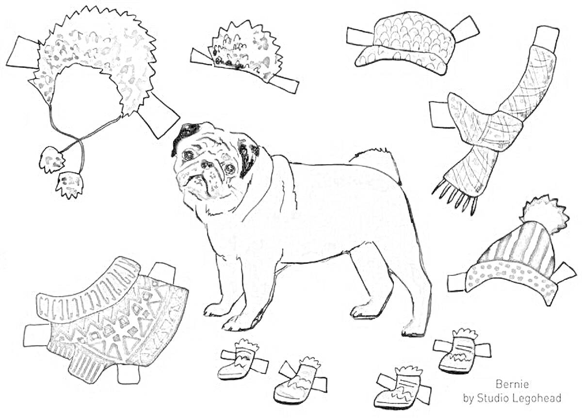 Раскраска Собака с гардеробом: шапки, шарф, свитер, ботинки