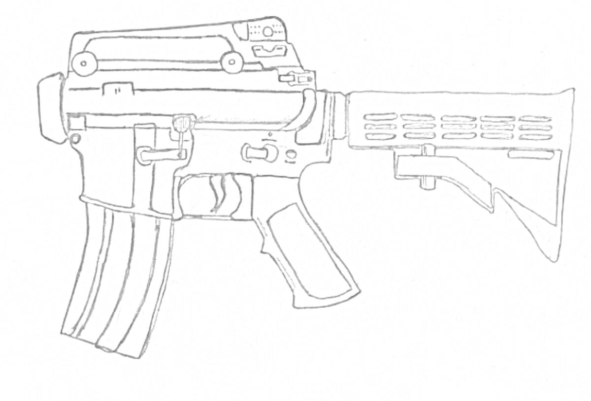 На раскраске изображено: M4A1, Оружие, Пистолет-пулемет, Приклад, Магазин, Контурные рисунки
