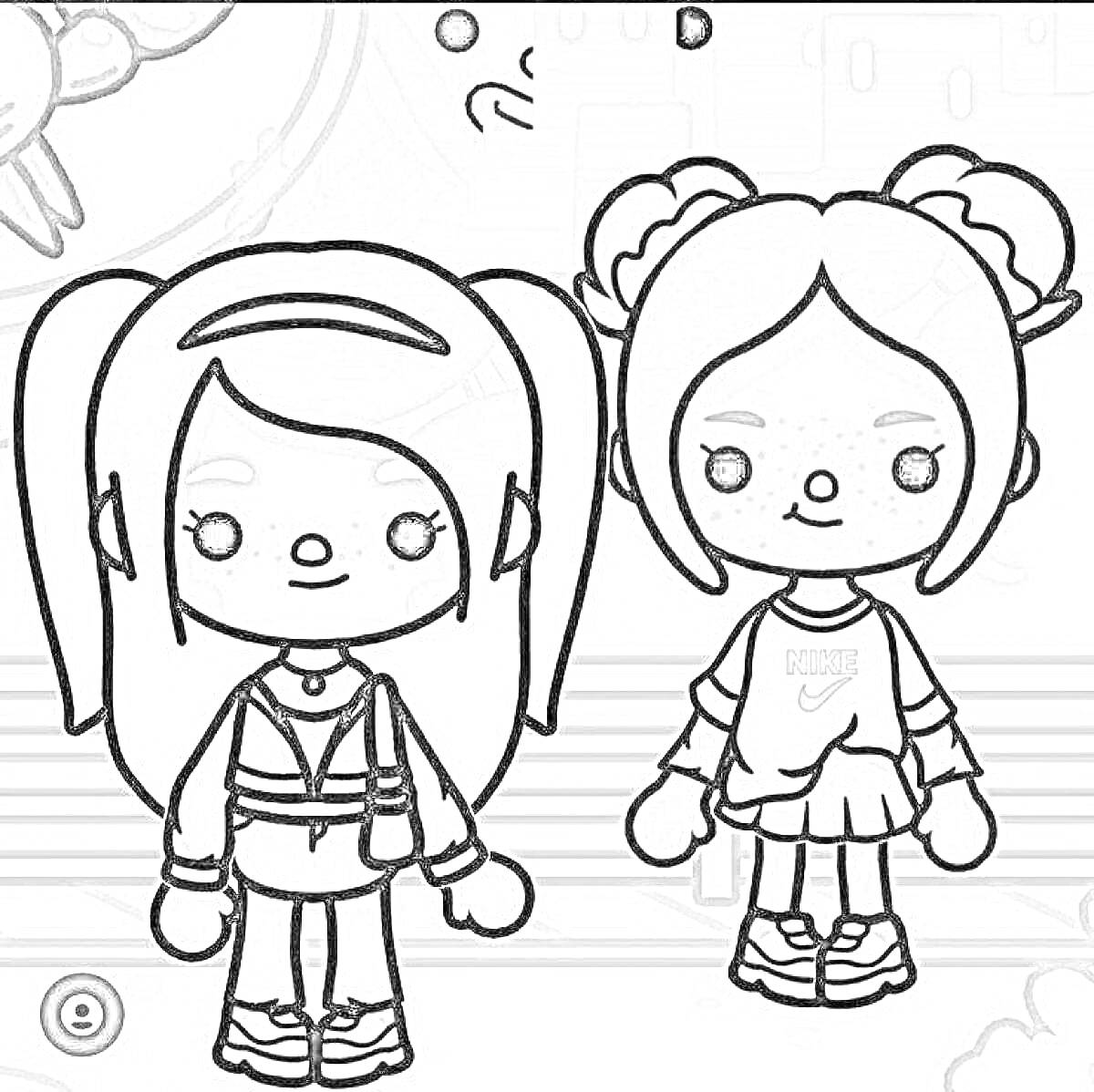 Раскраска Два персонажа Тока Бока с белыми волосами и одеждой спортивного стиля: один персонаж в светлой ветровке и брюках, другой в светлой футболке и юбке. Окружающие элементы включают фон с серым небом и зданиями.
