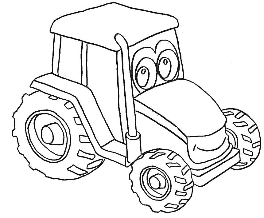 На раскраске изображено: Трактор, Глаза, Улыбка, Колеса, Крыша, Авто