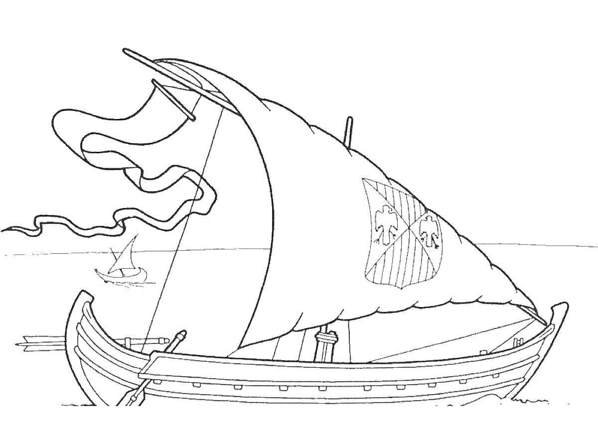 Раскраска Парусный корабль с флагом на парусе и маленьким кораблем на горизонте