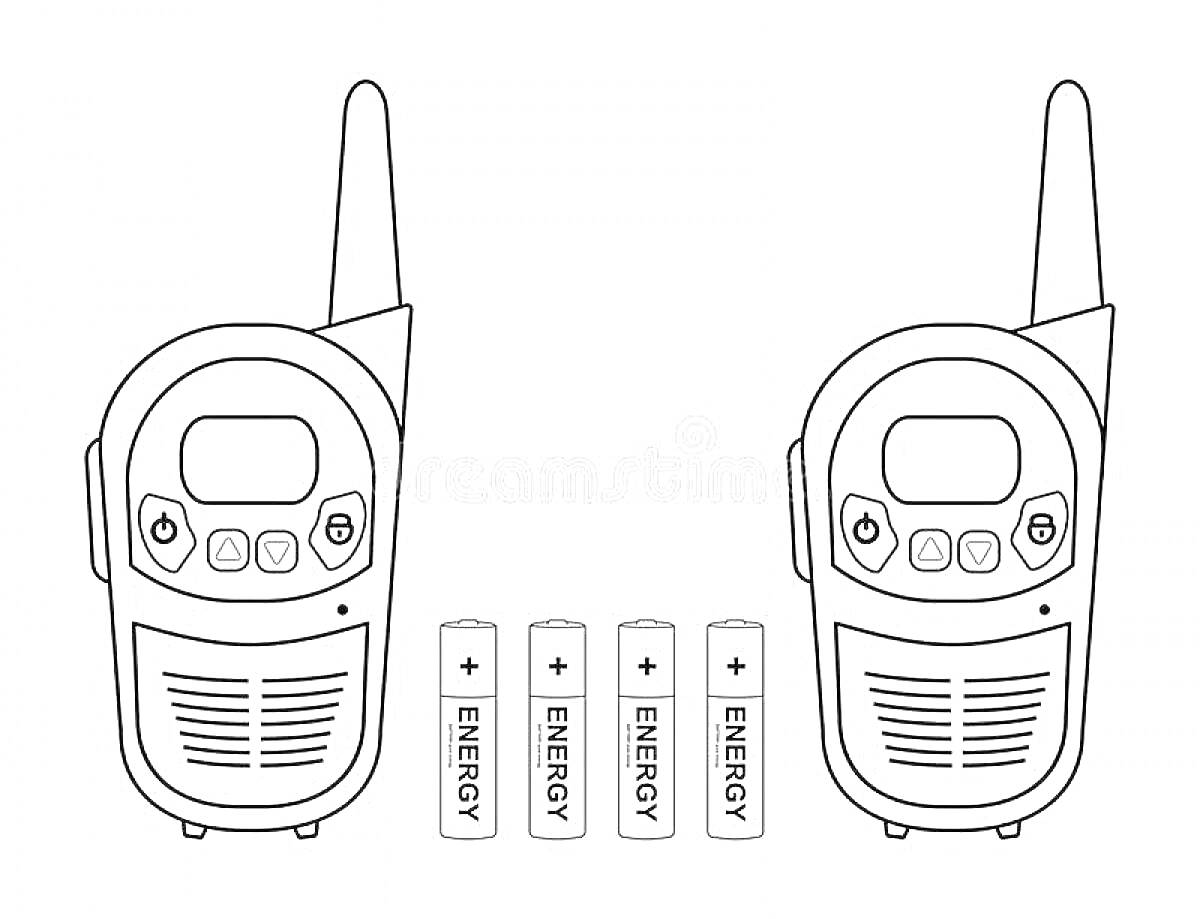Две рации с антеннами, кнопками и дисплеями, и четыре батарейки с надписью 