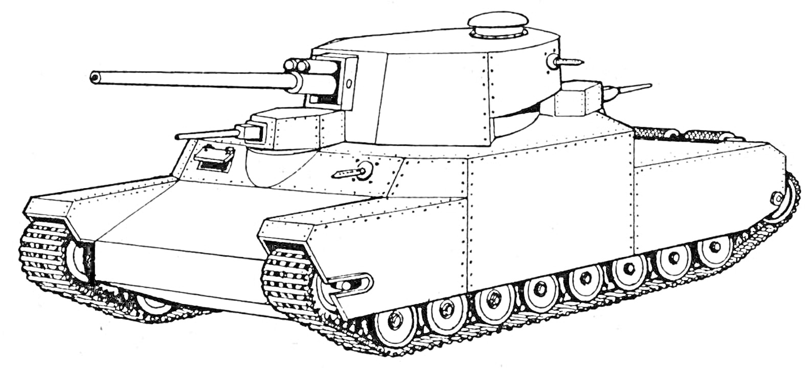Раскраска Легковой танк с длинной пушкой и бронированным корпусом, на гусеничном ходу, боковая проекция, вид слева
