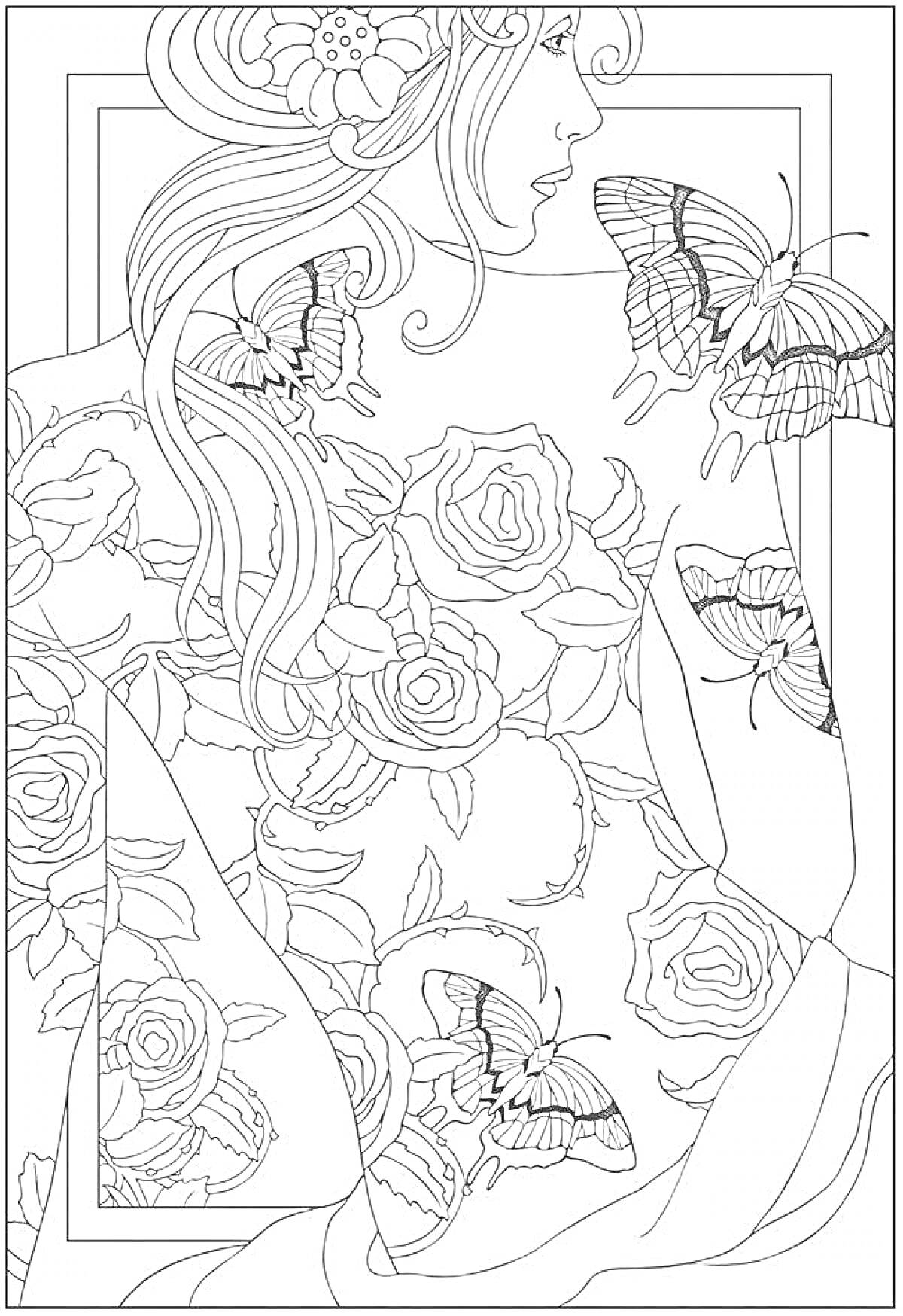 Раскраска Женщина с цветами и бабочками