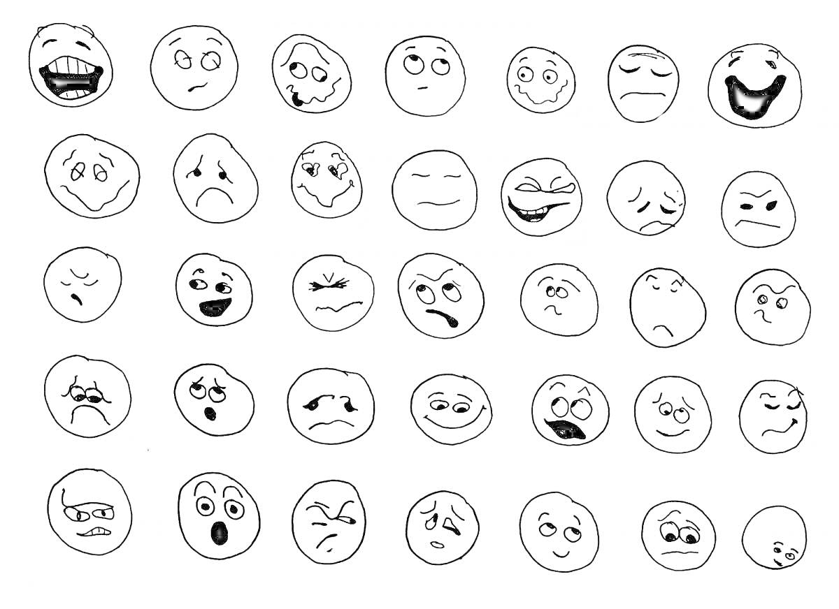 Раскраска Разнообразные эмоции на лицах, состоящие из 35 нарисованных лиц, демонстрирующих различные настроения