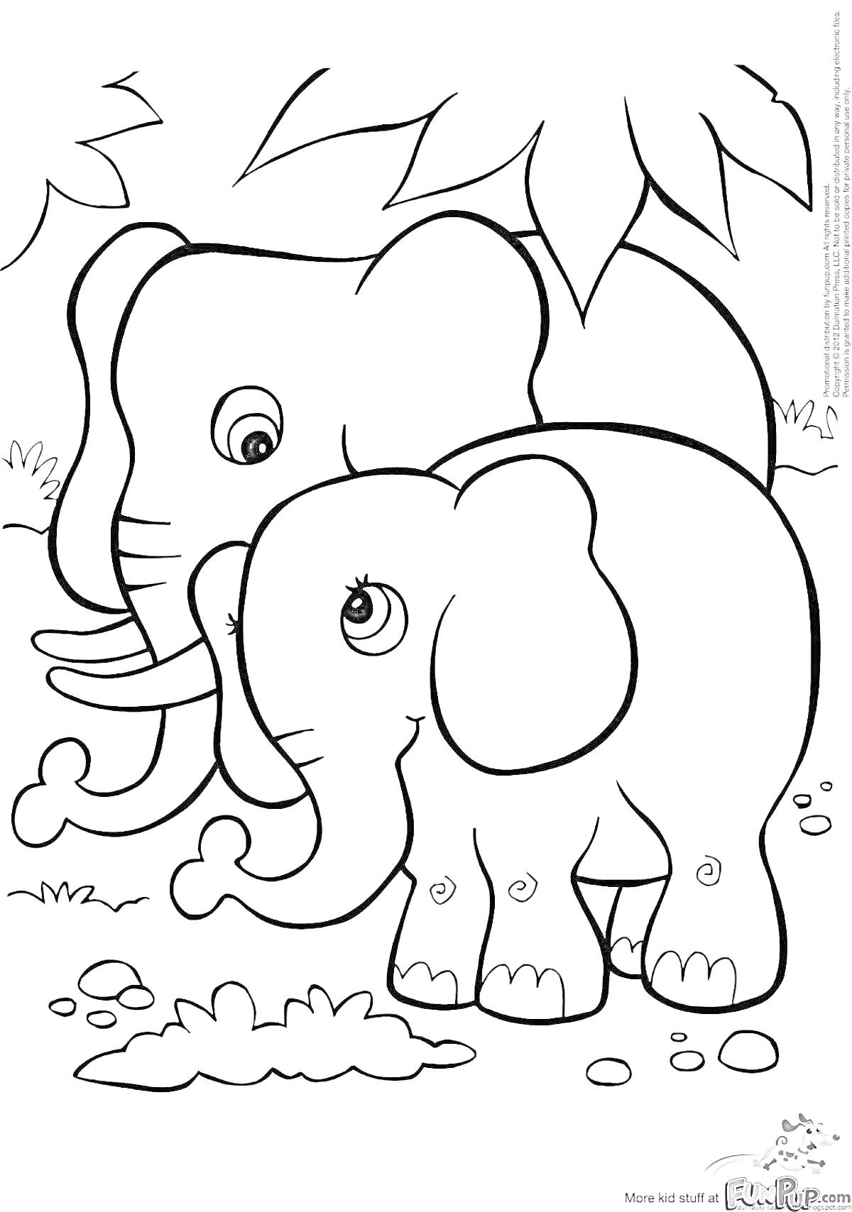 На раскраске изображено: Слон, Природа, Листья, Трава, Большие уши, Слоник, Для детей, Животное