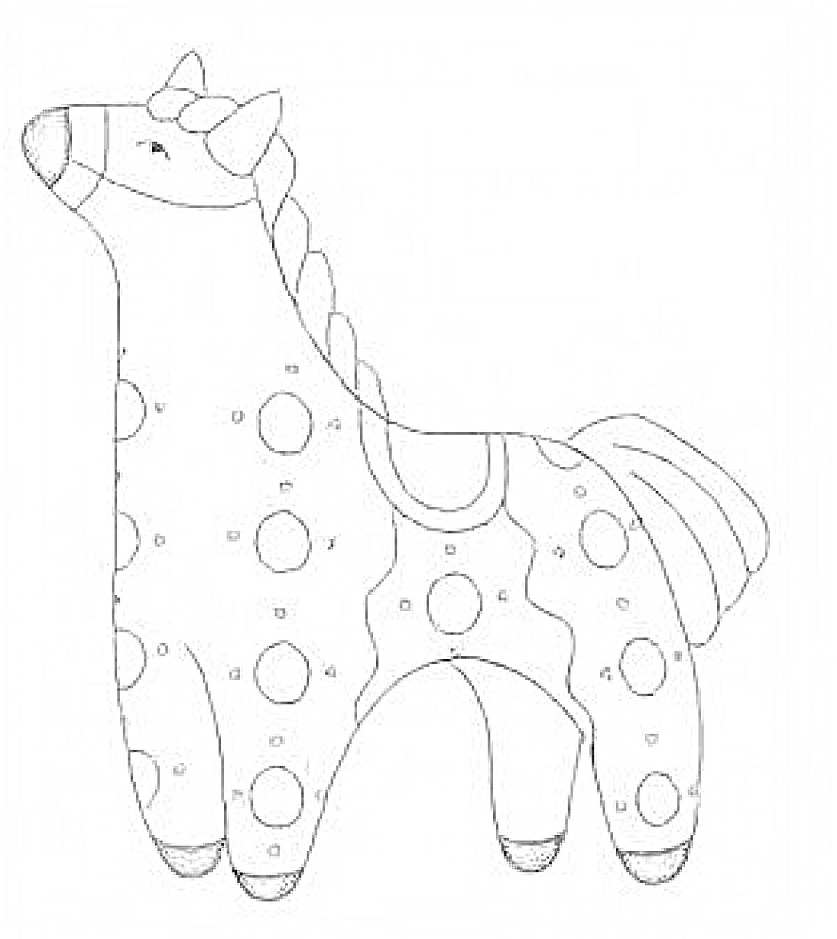 Раскраска Дымковская лошадка с круглыми узорами и чёрной гривой