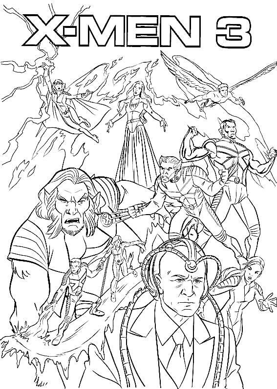 X-MEN 3. На изображении присутствуют различные персонажи из команды Людей Икс, среди которых: мужчина с шлемом и костюмом с ремнями на груди, женщина с развевающимися волосами и платьем, мужчина с огромными мышцами и длинными волосами, персонаж с крыльями