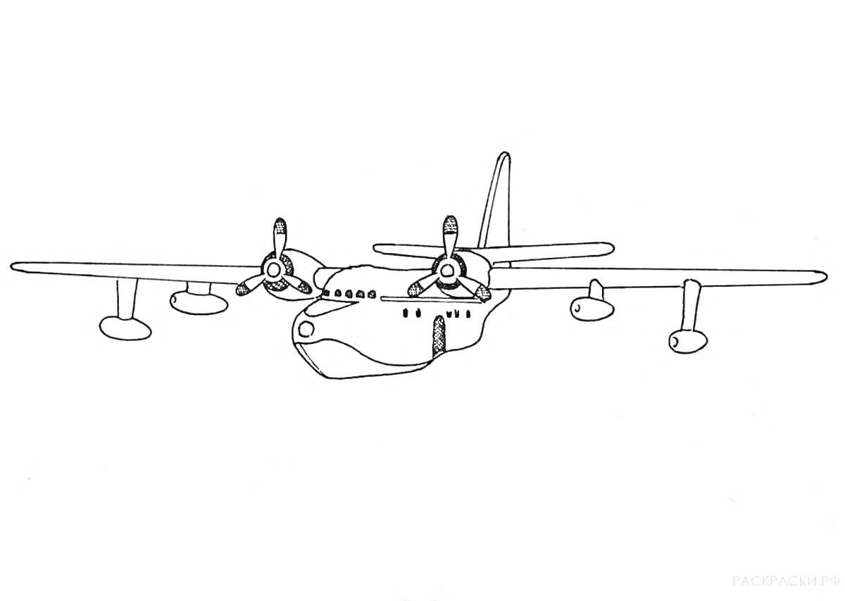 Раскраска Самолет с двумя пропеллерами и четырьмя двигателями