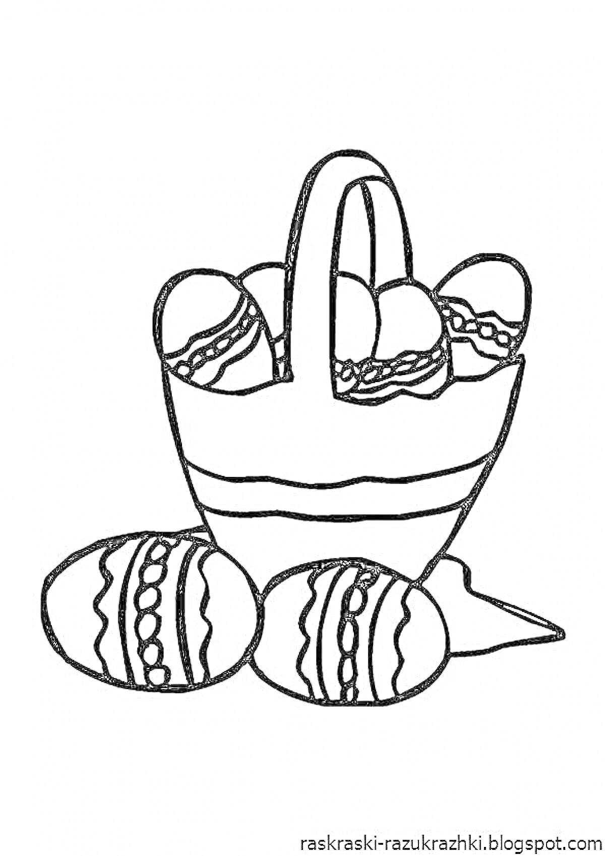 На раскраске изображено: Пасха, Корзина, Яйца, Плетеная корзина