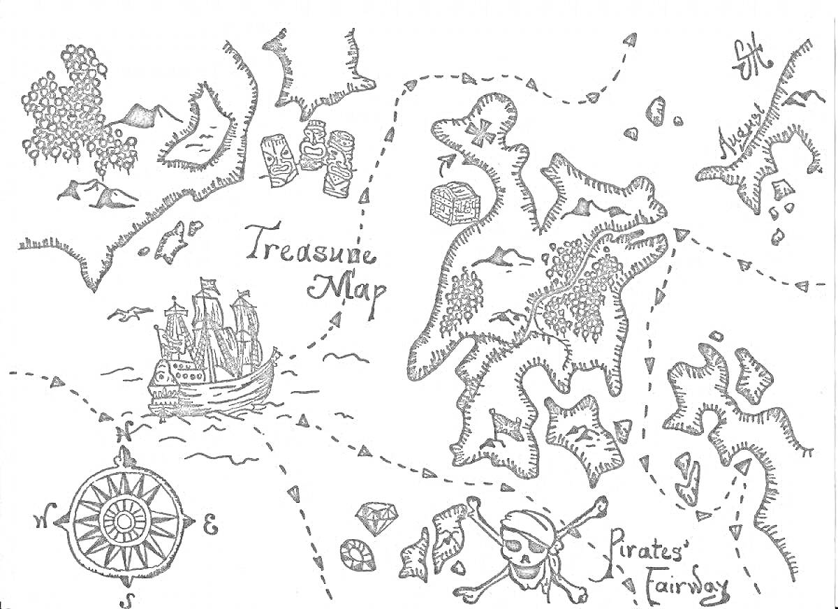 Раскраска Пиратская карта с островами, кораблем, компасом, черепом, крестами