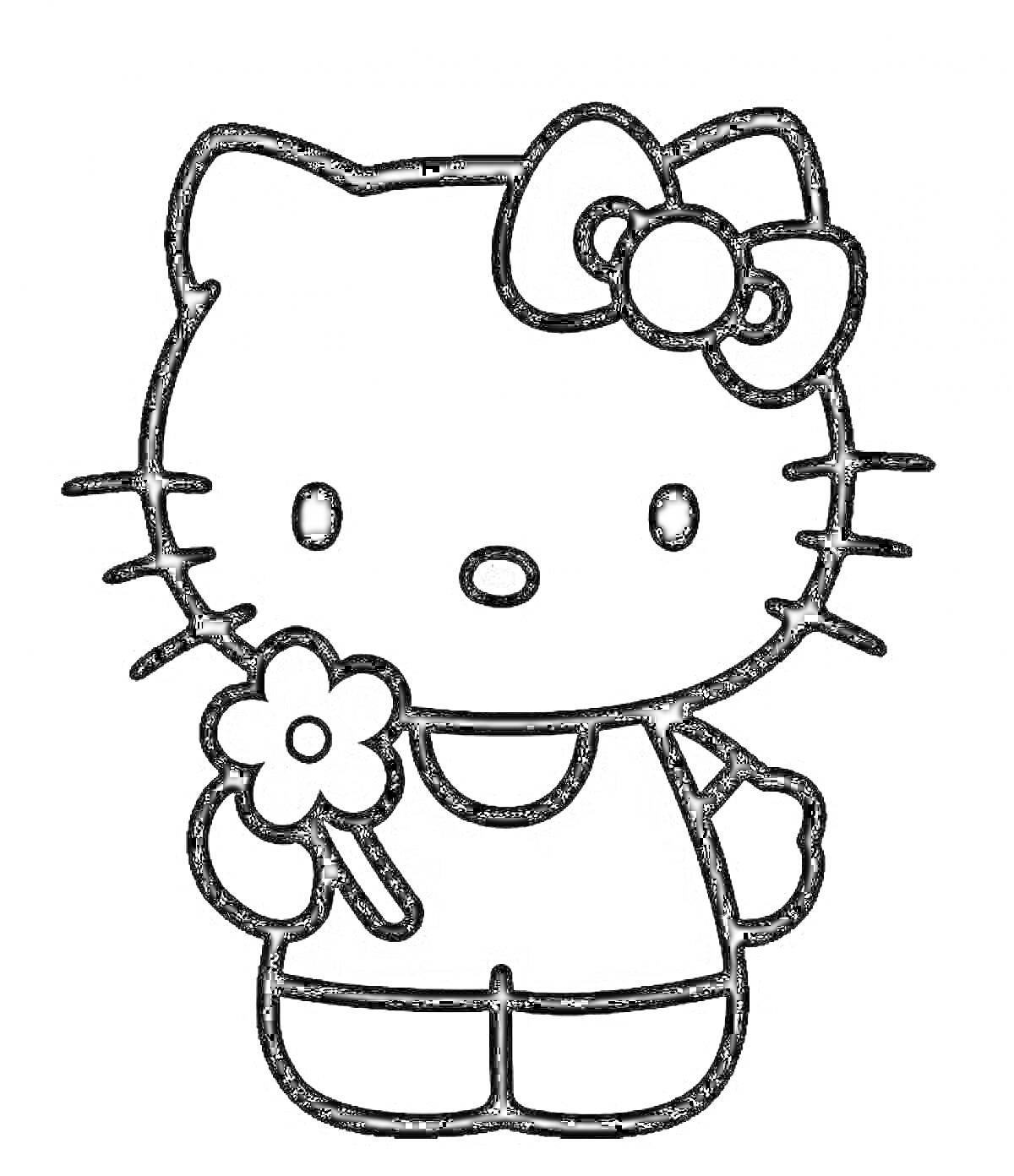 Раскраска Hello Kitty с бантиком, в одежде, с цветком в руке