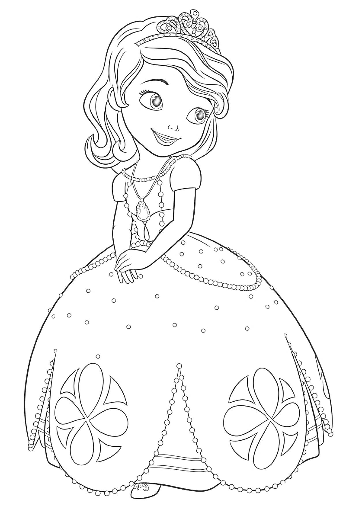 Раскраска Принцесса София в короне и пышном платье