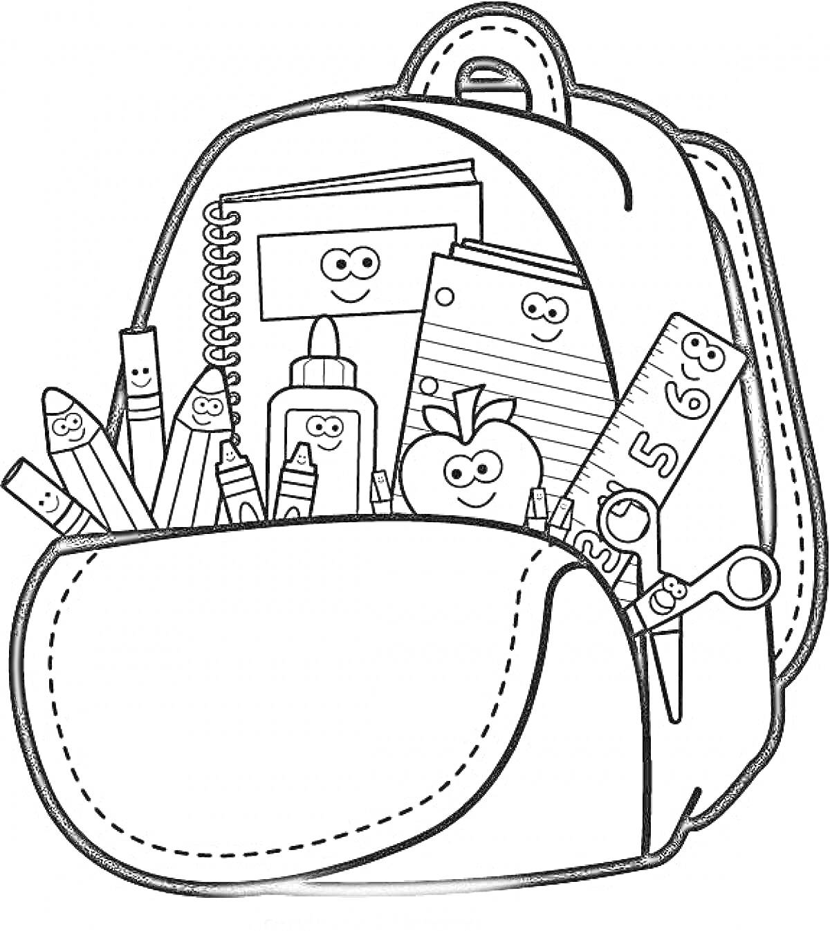 Раскраска Рюкзак с тетрадями, карандашами, клеем, яблоком, линейкой и ручками