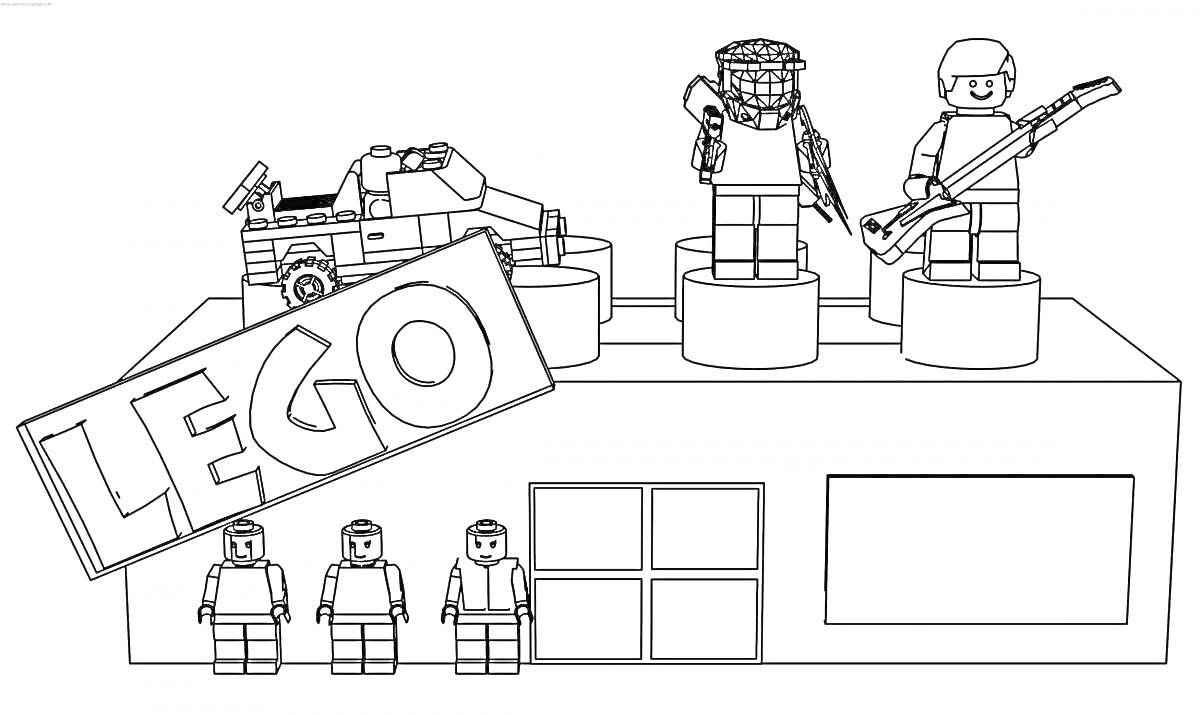 На раскраске изображено: Лего, Минифигурки, Кубики, Игрушки