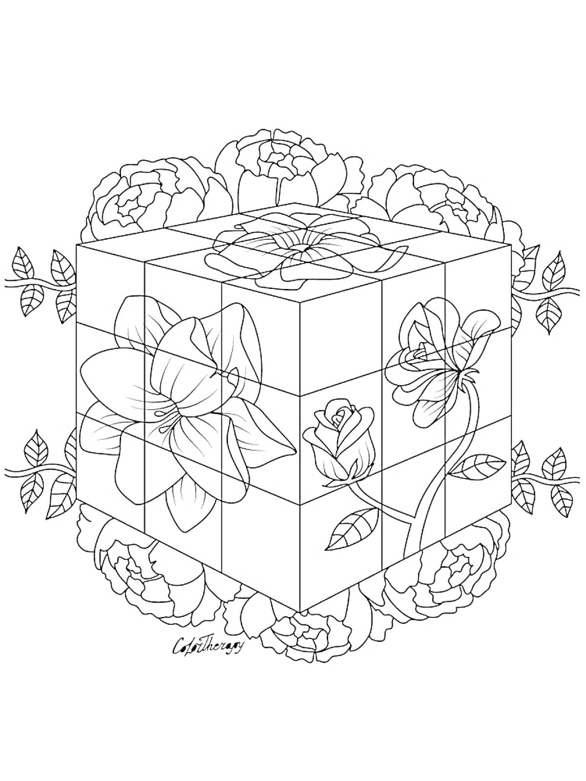 На раскраске изображено: Кубик рубика, Цветы, Контурное изображение, Розы, Листья, Лепестки, Геометрические фигуры, Головоломка, Бутон
