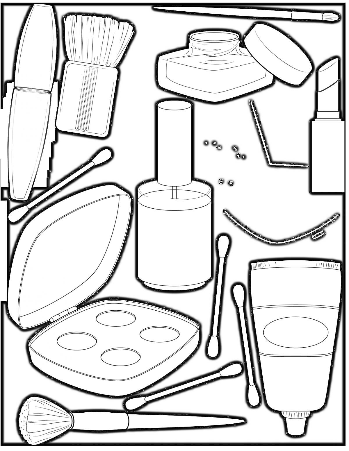 На раскраске изображено: Косметика, Тушь для ресниц, Губная помада, Пудра, Лак для ногтей, Ватные палочки, Крем, Тени, Макияж, Кисточки, Флаконы