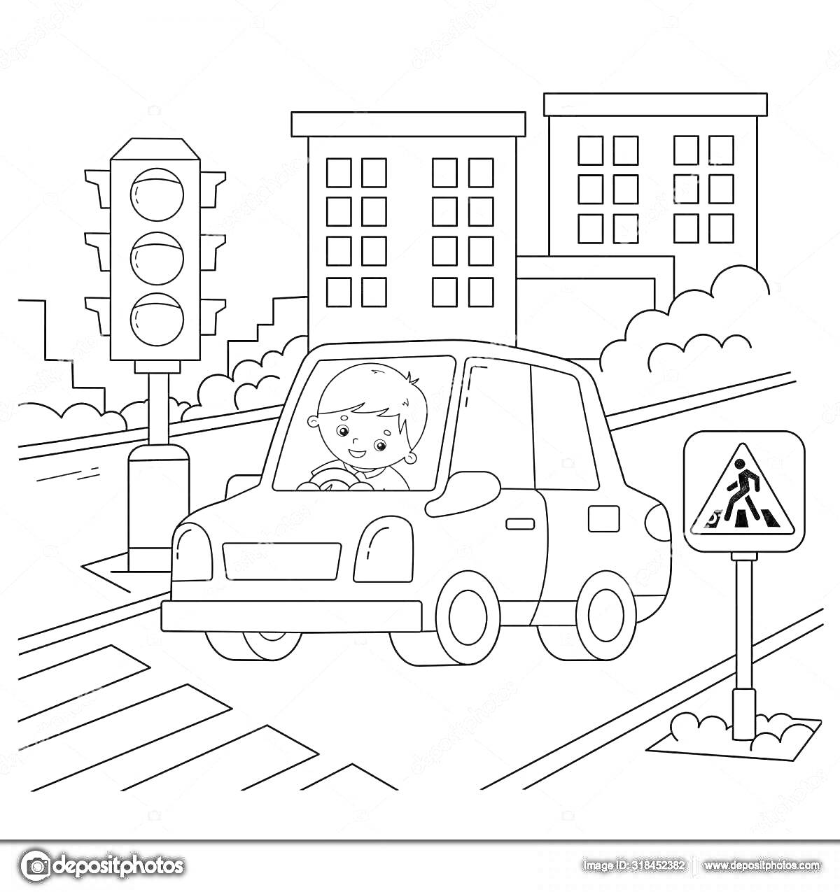 На раскраске изображено: Пдд, Детский сад, 5 лет, 6 лет, Пешеходный переход, Светофор