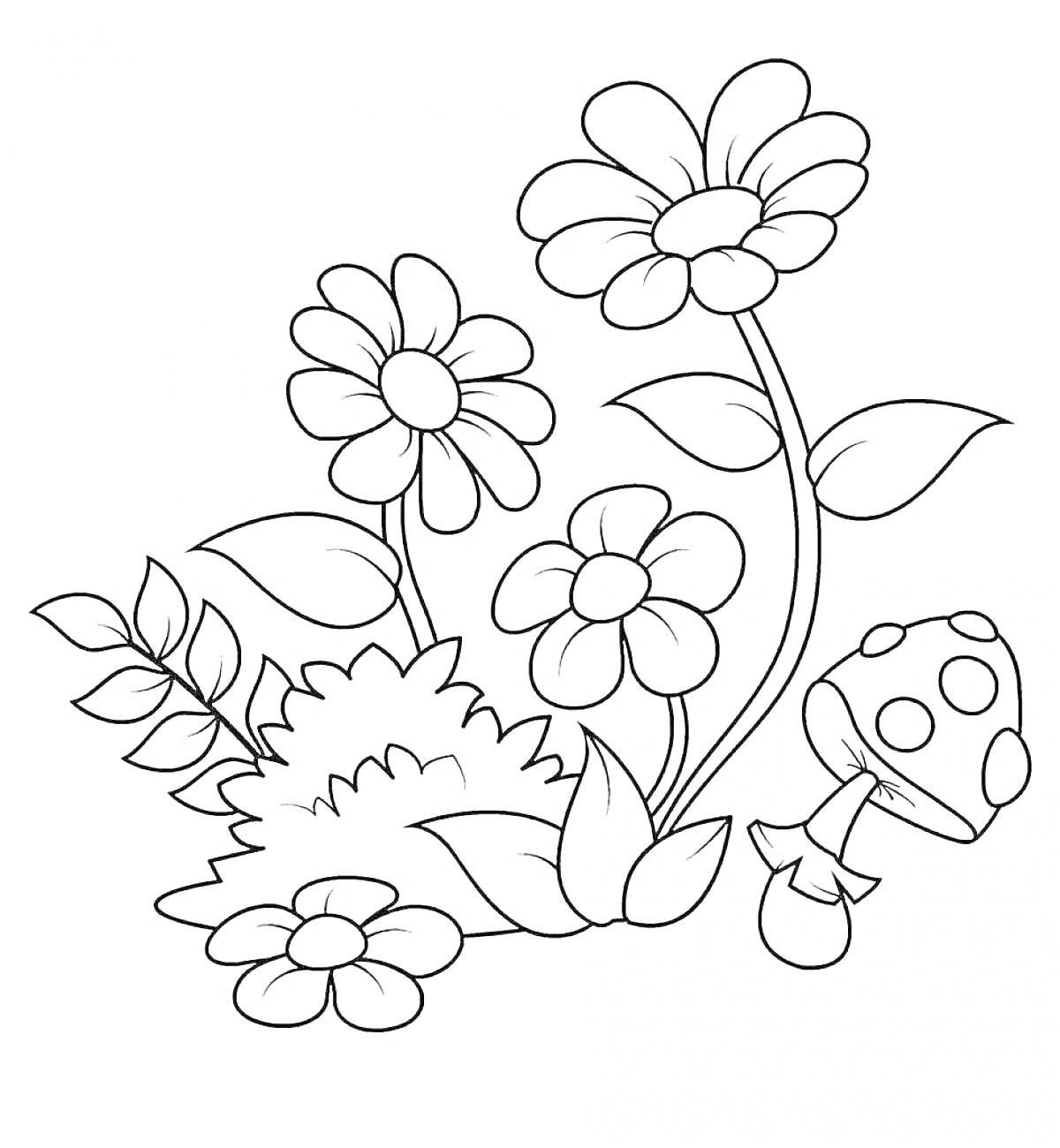 На раскраске изображено: Цветы, Листья, Трава, Мухомор, Природа, Растения