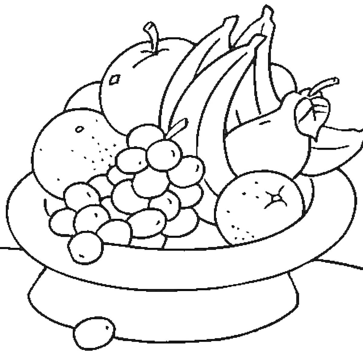 На раскраске изображено: Тарелка, Фрукты, Яблоко, Апельсин, Виноград