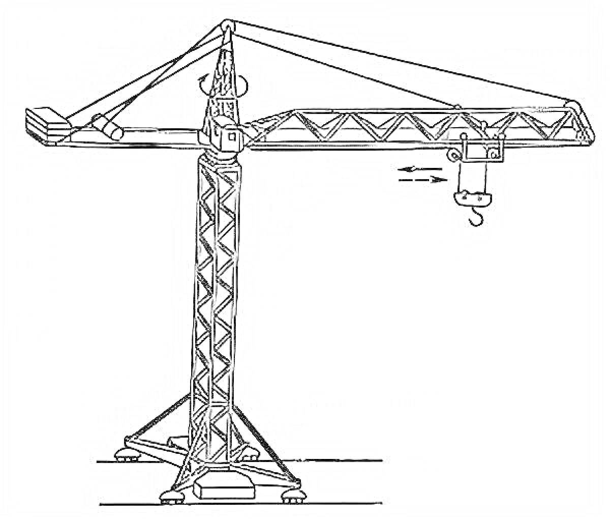 На раскраске изображено: Башенный кран, Строительная техника, Кран, Крюк, Опора