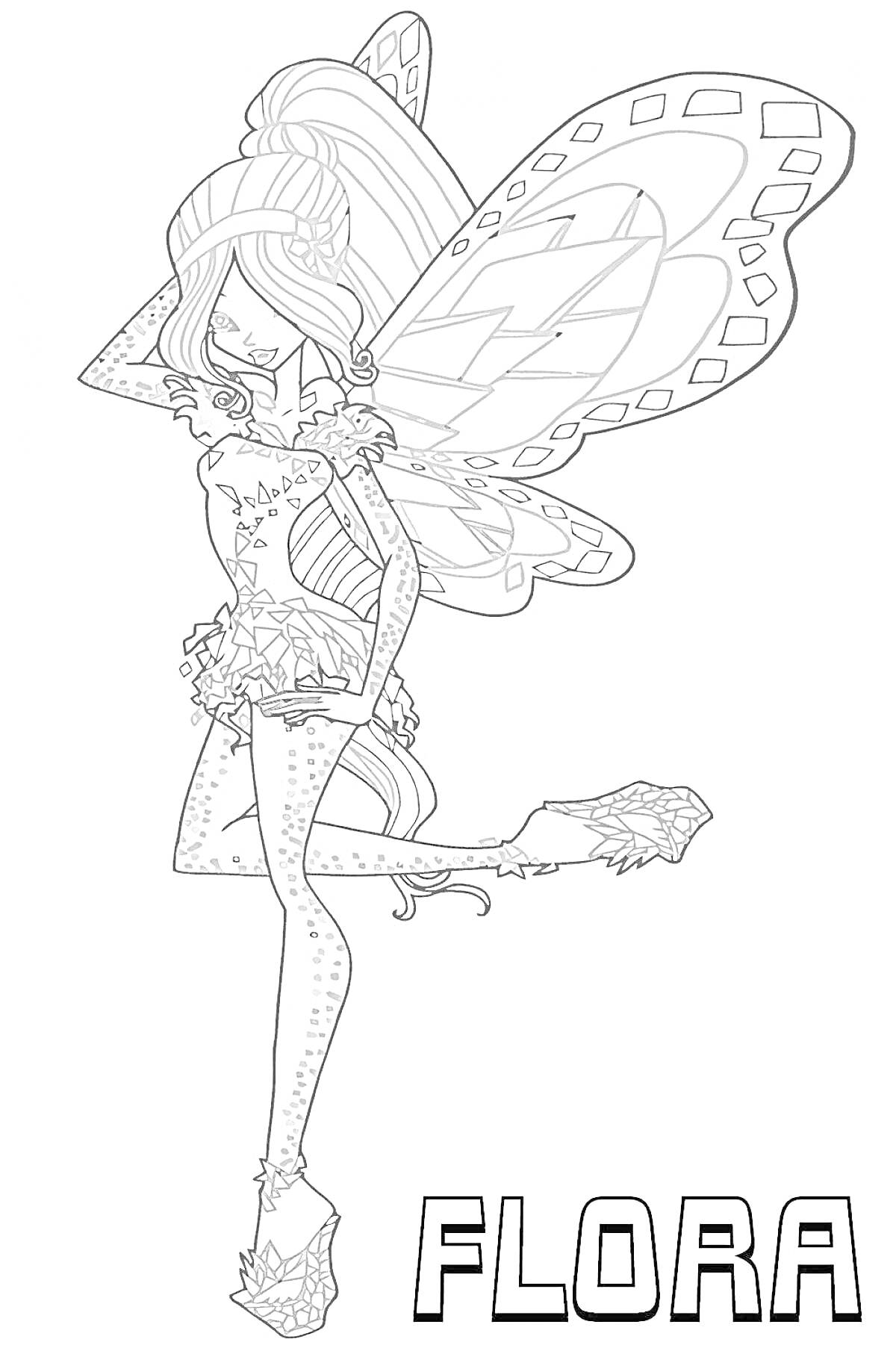 Раскраска Волшебница Флора в костюме Тайникс, с крыльями, в коротком платье и на высоких каблуках