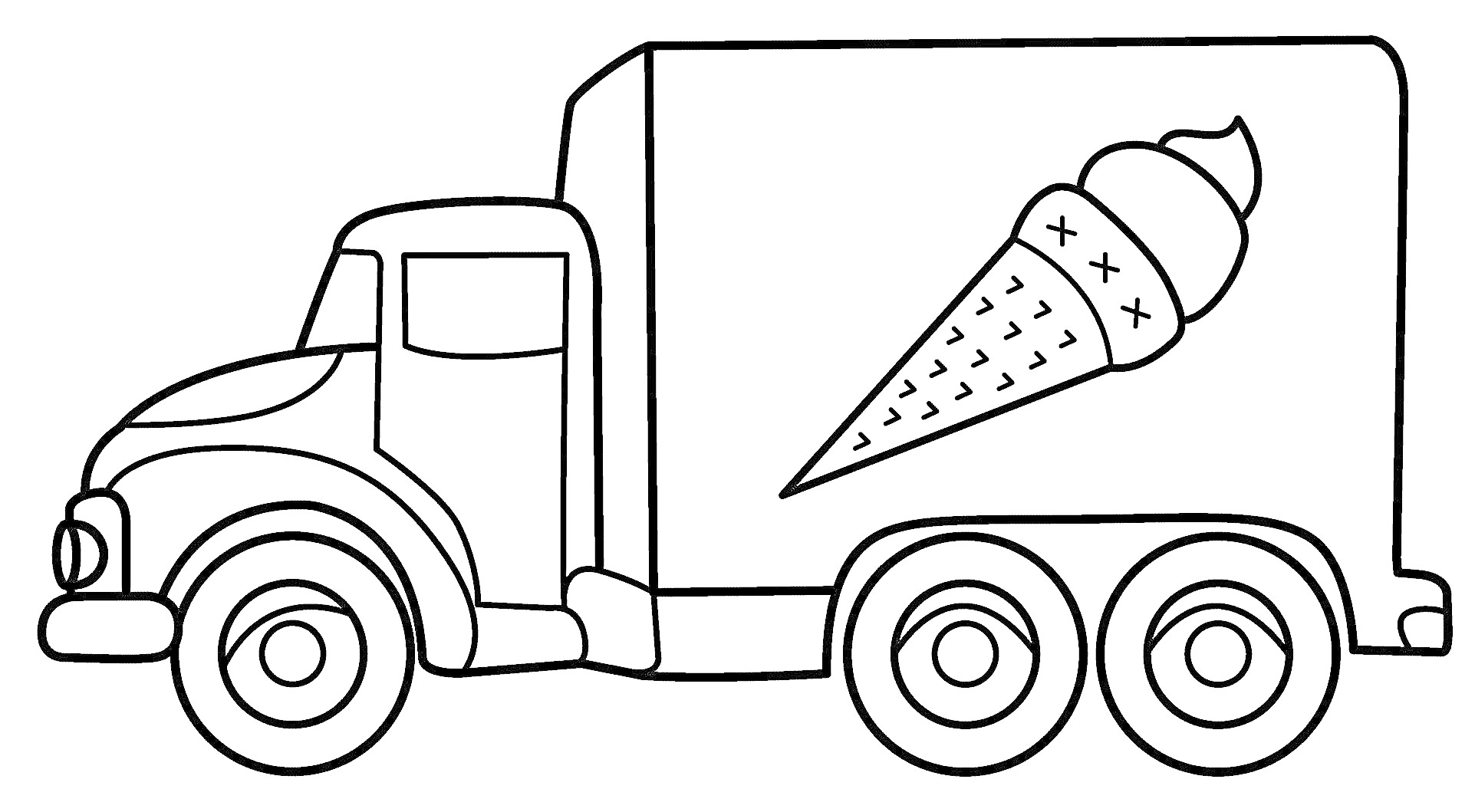 Раскраска Грузовик с мороженым, грузовик с кабиной и кузовом, мороженое нарисовано на кузове